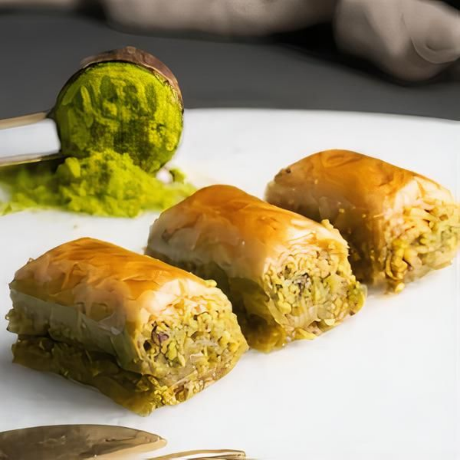 Three baklava rolls with green pistachio filling on a white plate.