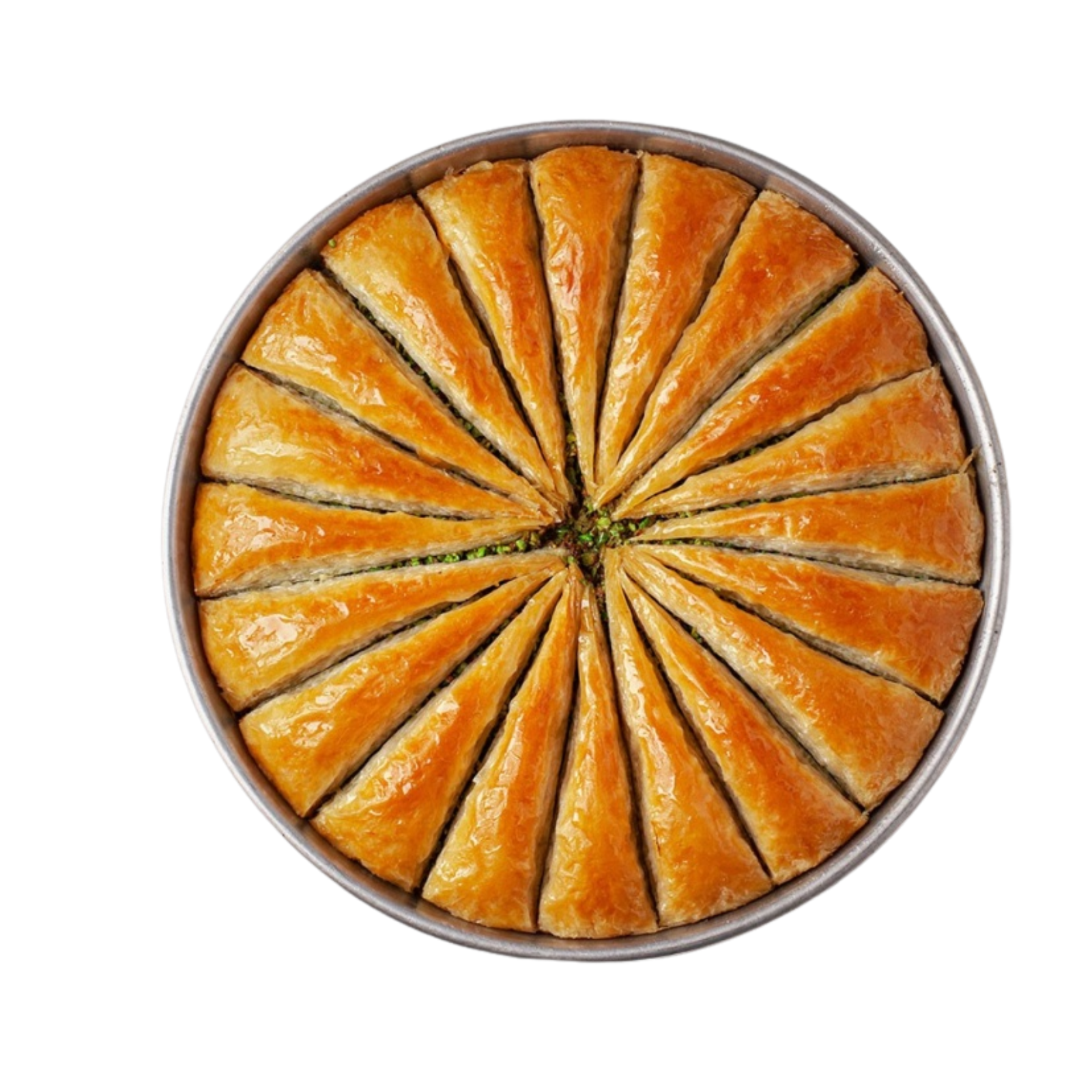 Round baklava dessert with golden brown layers on a white background